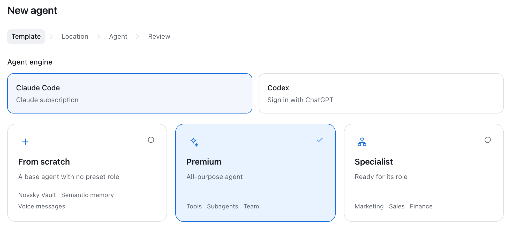 The New agent wizard: engine choice between Claude Code and Codex, then From scratch, Premium or Specialist templates