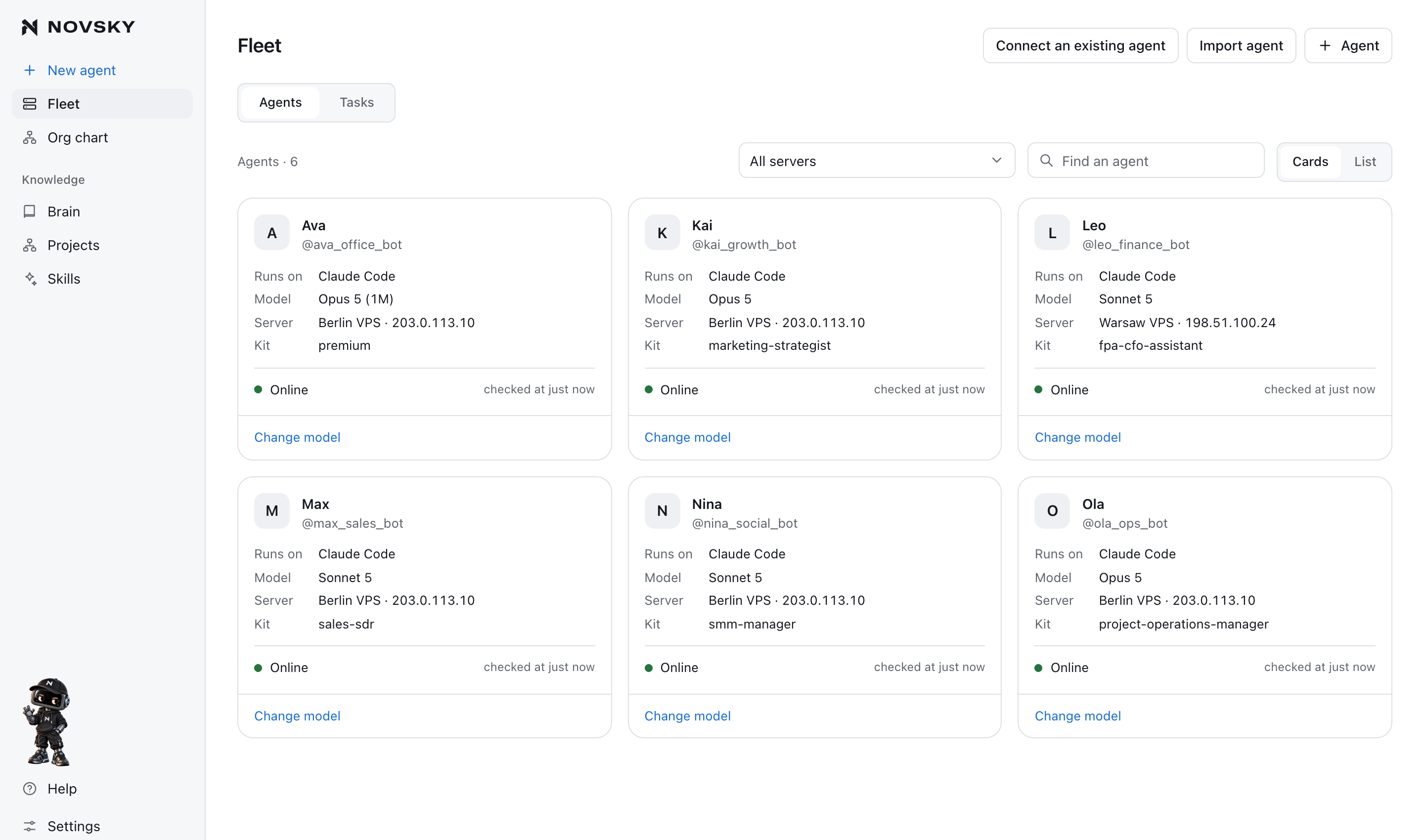The Novsky fleet screen: six agents on two servers, each with its Telegram bot, model, server and kit, all reported online